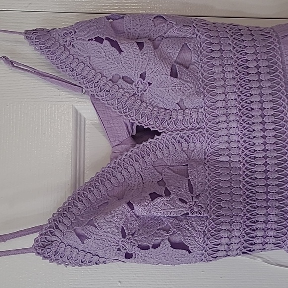 Wearing Rn🌷LOVE TREE Lavender Crochet Open Back Bow Tie Lace Waist Band Dress - Picture 6 of 11